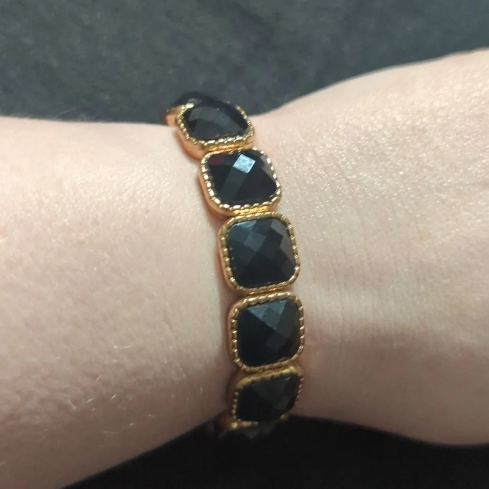 Gold Tone Black Faceted Rhinestone Stretchy Elastic Statement Bracelet